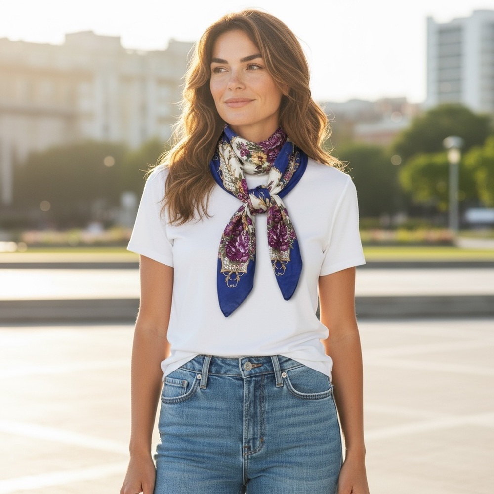 The Specialty House Blue Purple Floral Silk Scarf Country Cottage Twee Retro‎